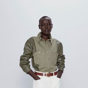 Zara contrasting faux leather shirt jacket